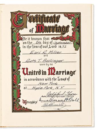 (PRESIDENTS.) Wedding book of Earl Miller (Eleanor Roosevelts bodyguard and alleged lover), signed by the Roosevelts as guests.